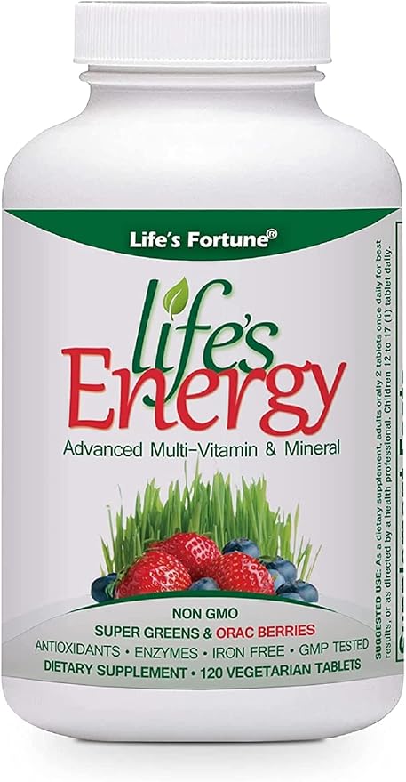 Life's Fortune Life's Energy Advanced Multi-Vitamin and Mineral Non-GMO - Super Greens - ORAC Berries - AntiOxidants - Enzymes - Iron Free - GMP Tested, 120 Veggi Tablets