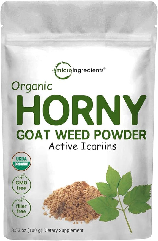 Maximum Strength Organic Pure Horny Goat Weed with Active Icariins for Men and Women, 100 Grams, Organic Epimedium Powder for Energy and Immune System Booster, Filler Free and Vegan Friendly