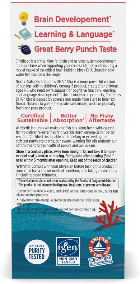 Nordic Naturals Children’s DHA Xtra, Berry Punch - 2 oz for Kids - 880 mg Total Omega-3s with EPA & DHA - Cognitive & Immune Function, Learning, Social Development - Non-GMO - 48 Servings