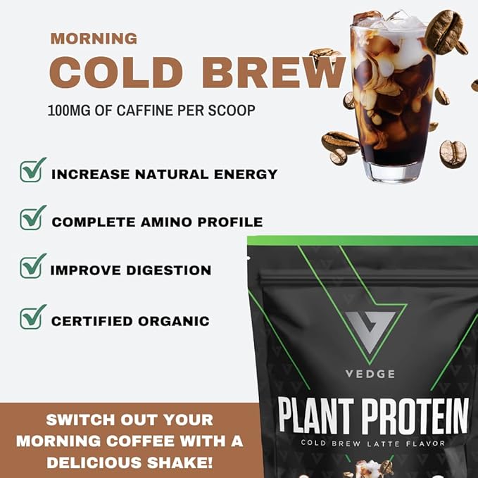 vedge Certified Organic Plant Protein Cold Brew Latte (20 Servings) - Plant-Based Vegan Protein Powder, USDA Organic, Gluten Free, Non Dairy Nutrition Plant Protein