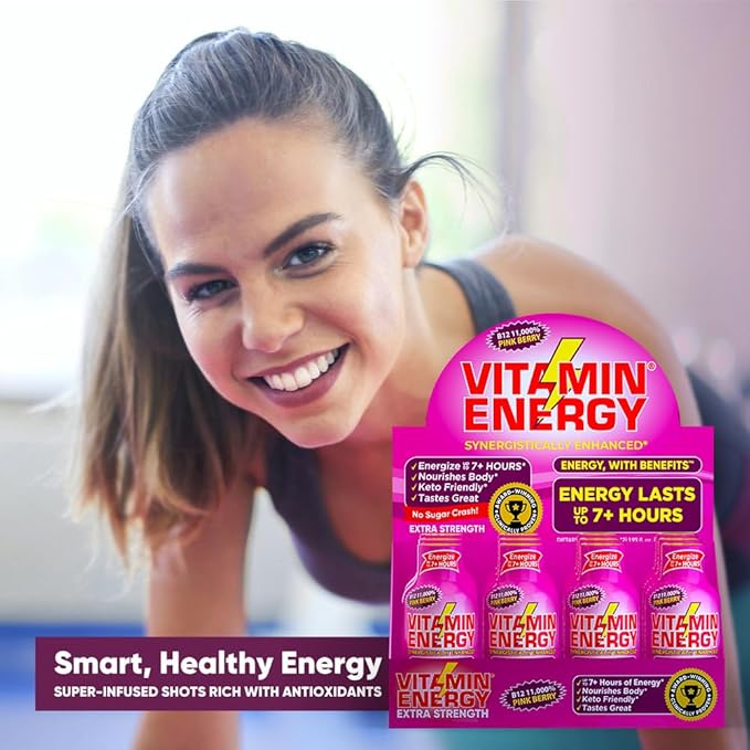 Vitamin Energy B12 11,000% Extra Strength Energy Shot Pink Berry 24 Pack, 260mg Natural Caffeine, B12 & B6, Nootropic Focus, Vitality, Zero Sugar, Gluten-Free, Vegan, Kosher, 1.93 fl oz