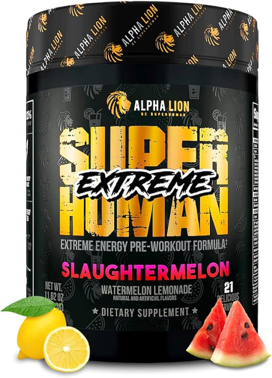 ALPHA LION Superhuman Extreme High Stim Pre Workout Powder, Beta Alanine, L-Taurine & 356mg Tri-Source Caffeine for Sustained Energy, Nitric Oxide & Citrulline for Pump (21 Servings, Slaughtermelon)