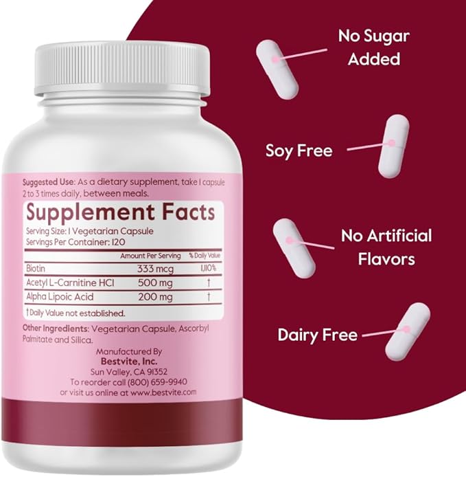 BESTVITE Acetyl L-Carnitine 500mg & Alpha Lipoic Acid 200mg per Capsule with Biotin (120 Vegetarian Capsules) - No Stearates - Vegan - Non GMO - Gluten Free
