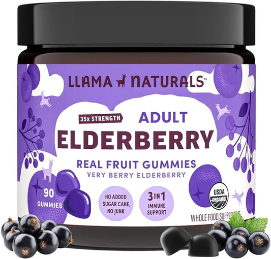 Llama Naturals Real Fruit Sambucus Elderberry Gummies for Adults | No Added Sugar Cane, Vegan, Organic Immune Support | Zinc & Natural Vitamin C | Immunity for Women, Men | 90 Gummies (30 Day)