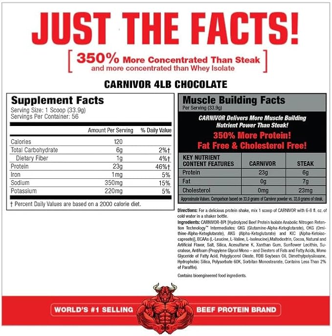MuscleMeds CARNIVOR Beef Protein Isolate Powder, Muscle Building, Recovery, Lactose Free, Sugar Free, Fat, Free, 23g Protein, Halal Certified, Chocolate, 56 Servings
