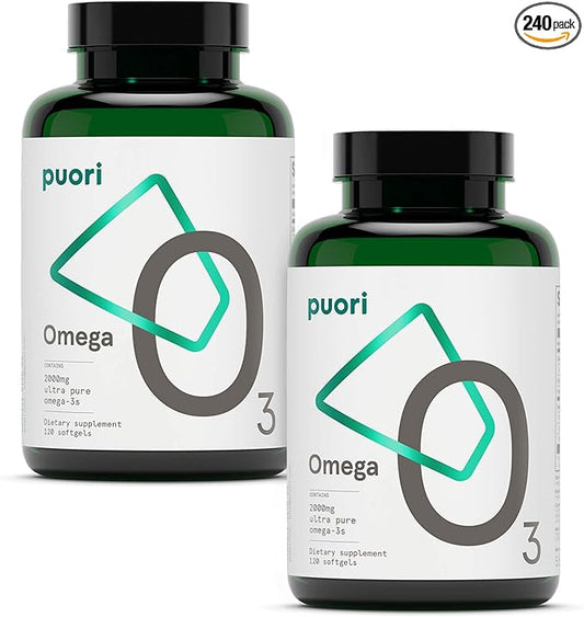 Puori Omega 3 Fish Oil - Ultra Pure 2000mg - 240 Softgels - Heart and Eye Supplement - Burpless, IFOS Certified, Non-GMO Capsules - O3-2000mg EPA 1250mg DHA 500mg