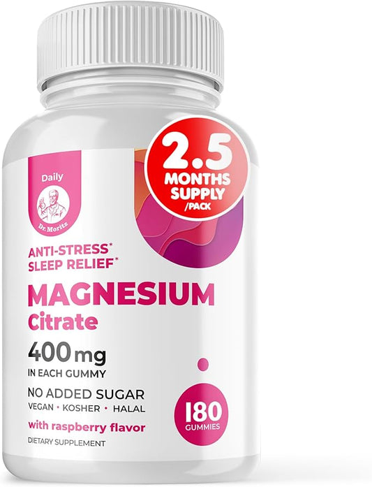 DR. MORITZ Magnesium Gummies for Adults - Low-Sugar 400 mg - Easy to Chew Adult and Kids Magnesium Citrate Gummies (180 Count) - Raspberry Flavored