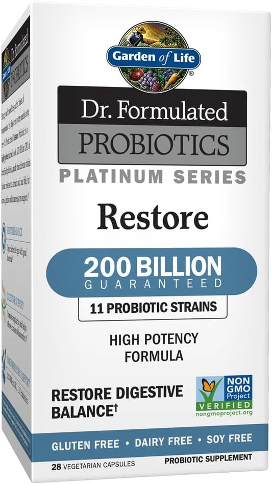Garden of Life Dr. Formulated Probiotics Platinum Series Restore 200 Billion CFU High Potency Formula, Vegan, Non-GMO, Gluten, Dairy & Soy Free Digestive Immune Probiotic Support, 28 Capsules