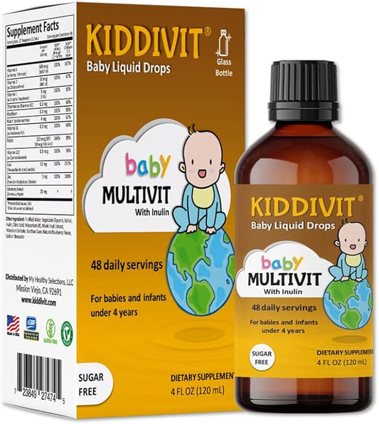 Kiddivit Baby Multivitamin Liquid Drops with Inulin - 48 Daily Servings, 4 Fl Oz (120mL) - Glass Bottle - Sugar Free, Gluten Free, Vegetarian Friendly