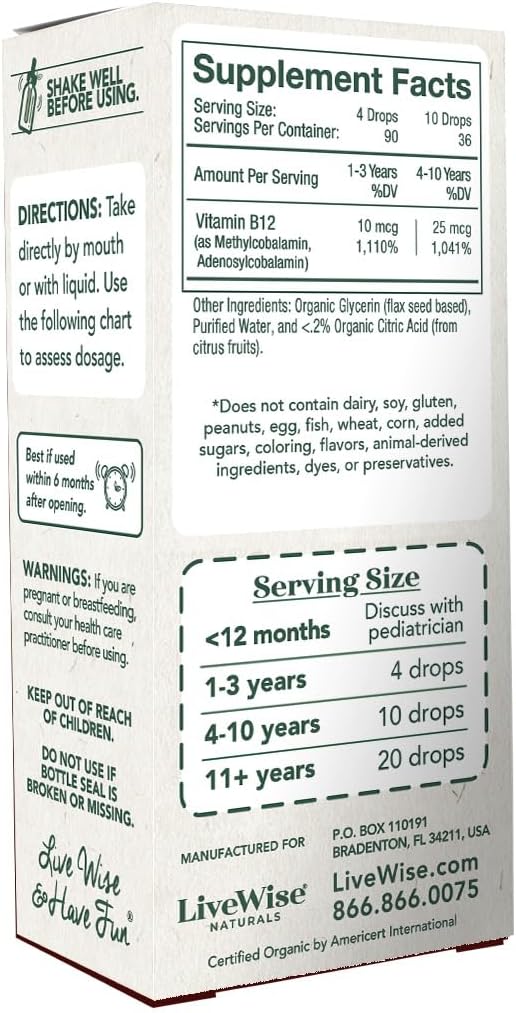 Vitamin B12 Liquid Drops for Kids | Toddlers and Children I Methycobalamin and Adenosylcobalamin | USDA Organic I Vegan | Non-GMO | Gluten Free | Low Dose