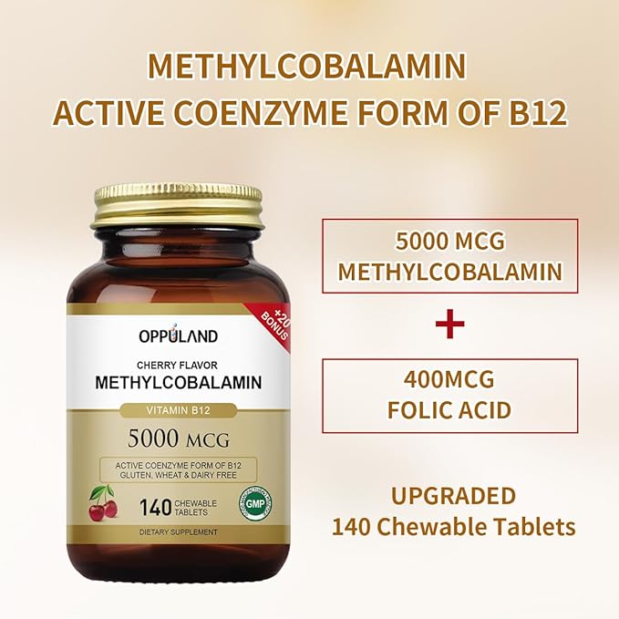 Methyl B-12 5000mcg Chewable with Folate - Vitamin B12 Methylcobalamin Sublingual Tablets - Supports Energy & Brain Function - Vegan Supplement - Cherry Flavor - 140 Count