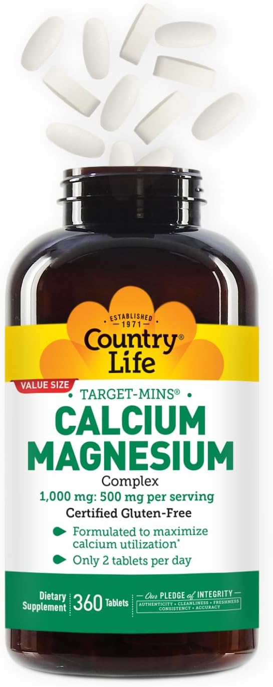 Country Life Target-Mins Calcium Magnesium Supplement for Bone Health, 1000mg Calcium, 500mg Magnesium, Gluten Free, 2:1 Ratio for Optimal Utilization
