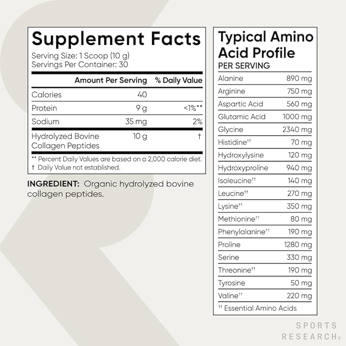 Sports Research® Organic Collagen Peptides - Hydrolyzed Type I & III Collagen Protein Powder Sustainably Sourced from Grass-Fed Bovine - Unflavored, Organic Certified & Gluten Free - 30 Servings