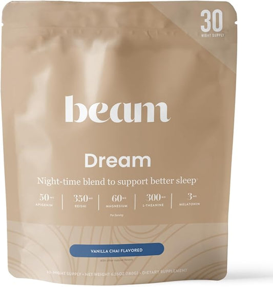 Beam Dream Sleep Powder, Sleep Supplement, Sleep Aids for Adults, Contains Magnesium, Melatonin, L Theanine, Apigenin, Natural Sleep Aid, Vegan, Non GMO, Dairy Free, 3rd Party Tested, 30 Servings