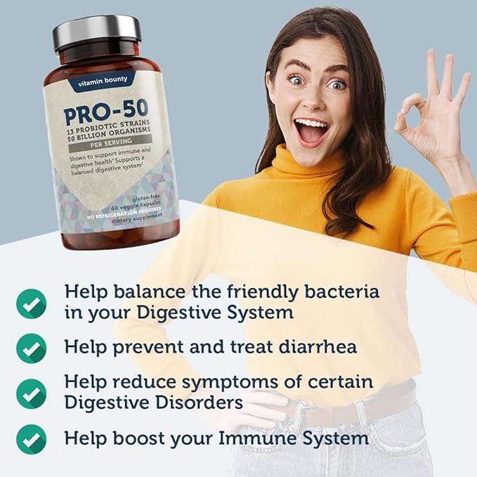 Vitamin Bounty Pro-50 Probiotic - 50 Billion Organisms and 13 Probiotic Strains that Promote Gut Health, Digestive Health Probiotic, Delayed Release Capsule with Prebiotic Greens - 60 Capsules, 2 Pack
