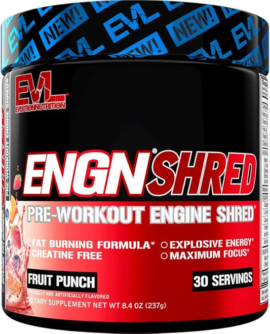 EVL Ultimate Pre Workout Powder - Thermogenic Fat Burn Support Preworkout Powder Drink for Lasting Energy Focus and Stamina - ENGN Shred Intense Creatine Free Preworkout Drink Mix - Fruit Punch
