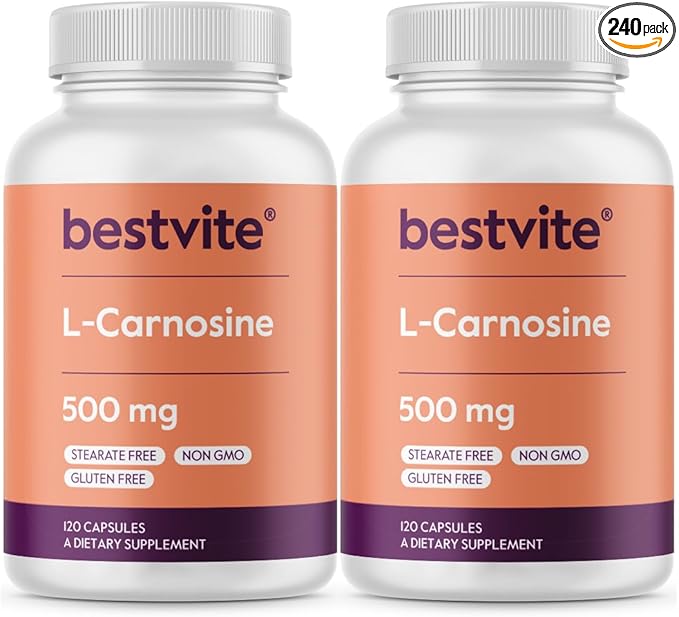 BESTVITE L-Carnosine 500mg (240 Capsules) (120x2) No Fillers - No Stearates - Non GMO - Gluten Free