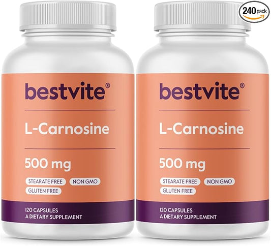 BESTVITE L-Carnosine 500mg (240 Capsules) (120x2) No Fillers - No Stearates - Non GMO - Gluten Free