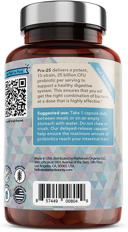 Vitamin Bounty Pro 25 Probiotic with Prebiotics for Oral & Dental Health, Gut and Digestive Support - 13 Strains, 25 Billion CFU, Embocaps & Fermented Greens, 30 Count (Pack of 1)