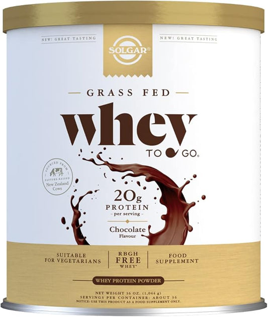 Solgar Grass Fed Whey to Go Protein Powder Chocolate, 2.3 lb - 20g of Grass-Fed Protein from New Zealand cows - Great Tasting & Mixes Easily - Supports Strength & Recovery - Non-GMO, 36 servings