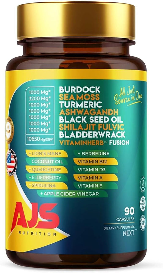 AJS Sea Moss Capsules 3200mg, Himalayan Shilajit 1000mg with Black Seed Oil, Ashwagandha, Turmeric, Bladderwrack, Burdock, Vitamins, Berberine, Lion’s Mane Mushroom, Elderberry- 90 Caps