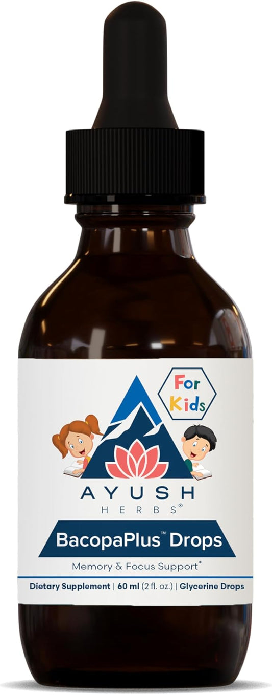 Ayush Herbs BacopaPlus Drops for Kids - Kids Focus and Attention Supplement with Bacopa, Ashwagandha, Ginkgo, Support for Brain & Memory, Organic Ingredients - 2 Fl Oz (80 Servings)