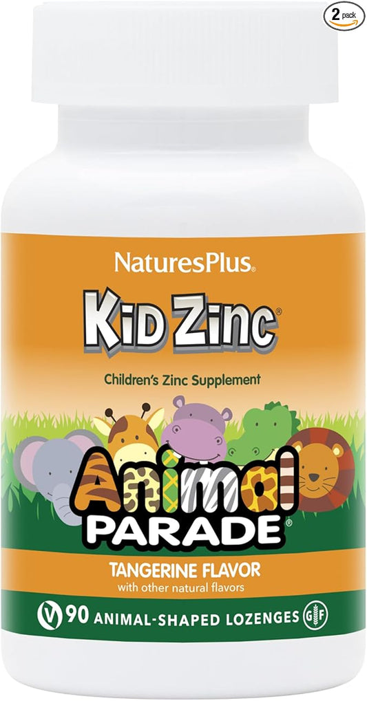 Natures Plus Animal Parade KidZinc, Tangerine Flavor - 90 Animal-Shaped Lozenges, Pack of 2 - Organically Chelated Zinc - Vegan, Gluten Free - 180 Total Servings