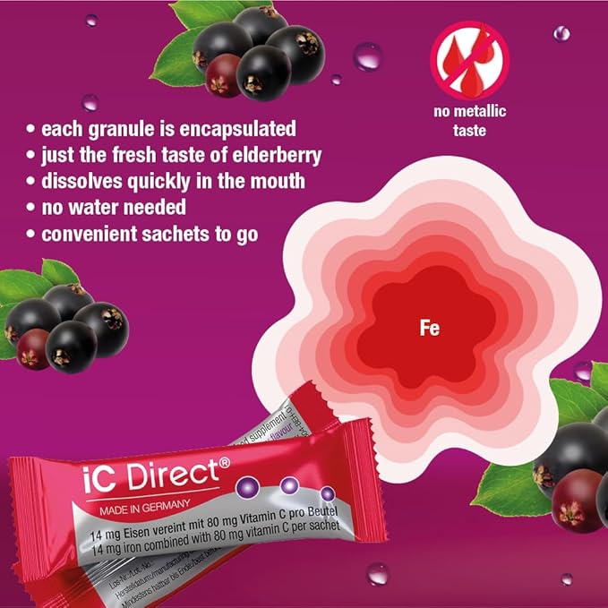 T&D iC Direct Iron, no Water 20 stickpack, Easy to use, Elderberry Flavour with Micro-pellets - no Metal Taste