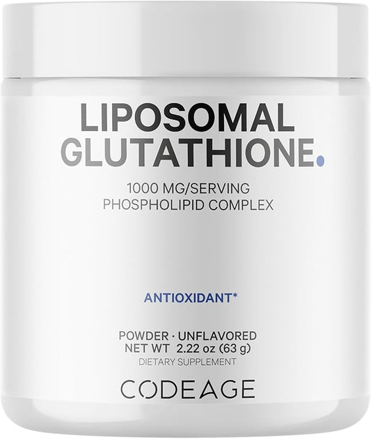 Codeage Liposomal Glutathione Powder - 1,000 mg L-Glutathione per Serving, Liposomal Delivery - 2-Month Supply - Vegan Reduced L-Glutathione - Unflavored - Phospholipid - Non-GMO Gluten-Free - 2.22 Oz