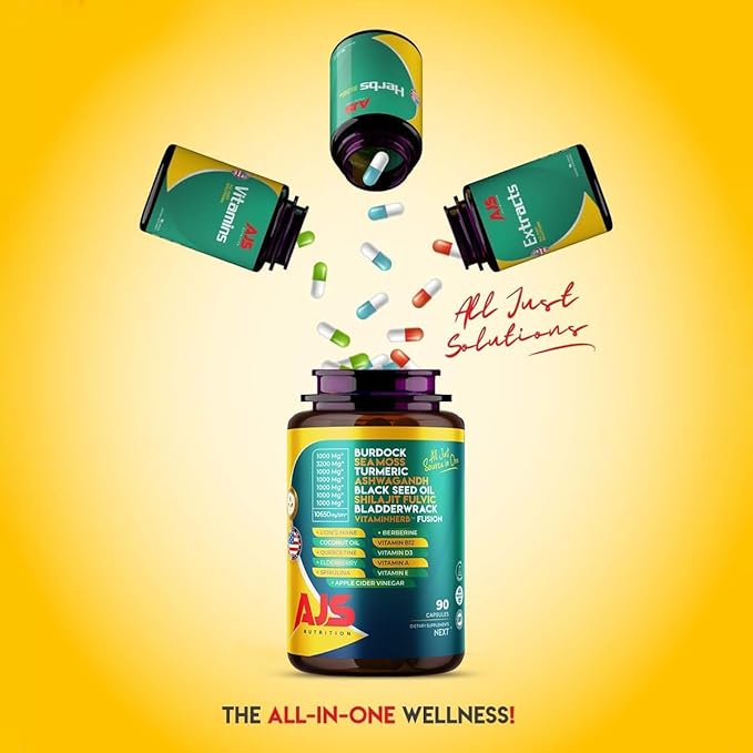 AJS Sea Moss Capsules 3200mg, Himalayan Shilajit 1000mg with Black Seed Oil, Ashwagandha, Turmeric, Bladderwrack, Burdock, Vitamins, Berberine, Lion’s Mane Mushroom, Elderberry- 90 Caps