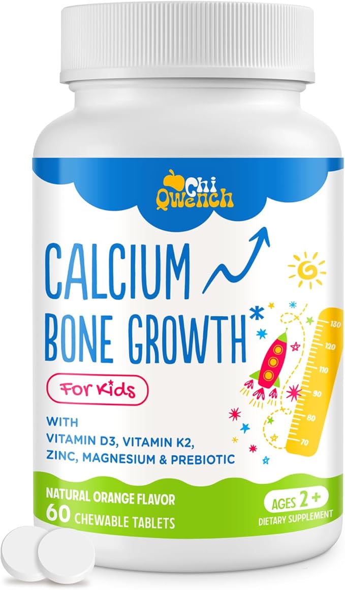 500 MG Calcium Supplement with Vitamin D3 & K2, Zinc, Magnesium & Prebiotics. Kids Vitamins for Kids' Height. Bone Strength, High Absorption, Orange Chewables, Gluten Free, 60 Tabs