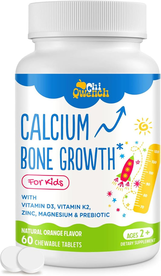 500 MG Calcium Supplement with Vitamin D3 & K2, Zinc, Magnesium & Prebiotics. Kids Vitamins for Kids' Height. Bone Strength, High Absorption, Orange Chewables, Gluten Free, 60 Tabs