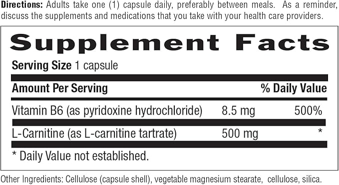Country Life L-Carnitine 500mg – 60 Vegan Capsules | Supports Energy Production & Fat Metabolism | Includes Vitamin B6 for Utilization | Gluten-Free, Certified Vegan Amino Acid Supplement