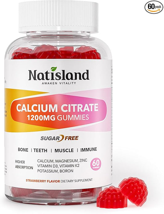 Calcium Citrate Gummies 1200 mg, Chewable Calcium Supplements for Women & Men with Vitamin D3, K2, Magnesium, Zinc, Potassium, Boron, Sugar-Free, Vegan, Immune & Bone Support, 60 Gummies