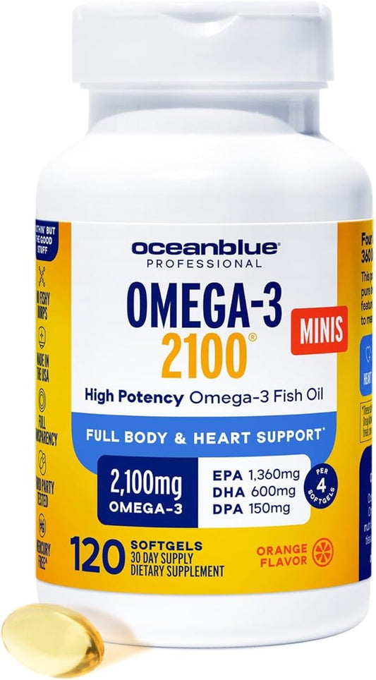 Oceanblue Professional Omega-3 2100 Minis – 120 ct – Triple Strength Burpless Fish Oil Supplement with High-Potency EPA, DHA, DPA – Orange Flavor (30 Servings)