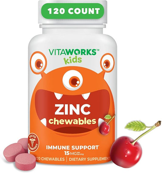 Kids Zinc 15mg Chewable Tablets - Natural Cherry Flavor - Vegan, Vegetarian, GMO-Free, Gluten Free, Nut Free Vitamins - Dietary Supplement for Immune Support - for Children - 120 Chewables
