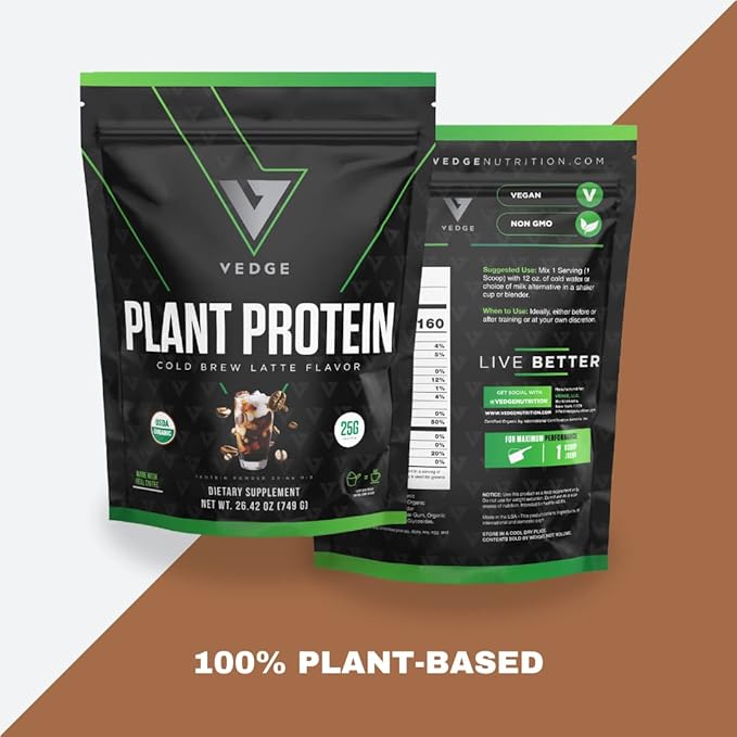 vedge Certified Organic Plant Protein Cold Brew Latte (20 Servings) - Plant-Based Vegan Protein Powder, USDA Organic, Gluten Free, Non Dairy Nutrition Plant Protein