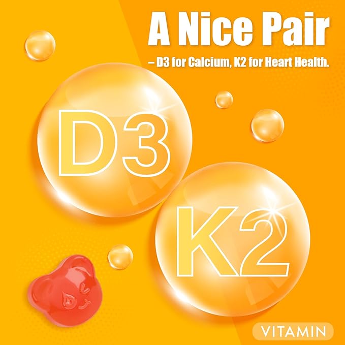Natural Vitamin D3 K2 Gummies, 2000 IU Vitamin D3 & 100 mcg Vitamin K2,Supports Healthy Bone, Immune Health Supplement, GMO Free, Gluten Free (Strawberry, 60 Count)