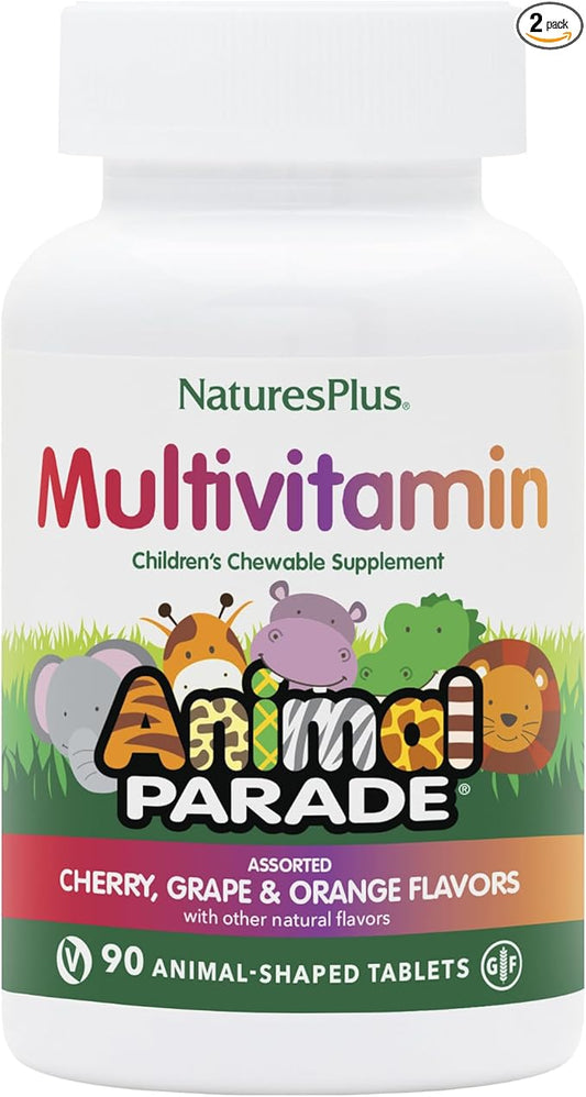 Natures Plus Animal Parade Children's Chewable Multivitamin - 90 Animal-Shaped Tablets, Pack of 2 - Natural Assorted Flavors - Vegan, Gluten Free - 90 Total Servings