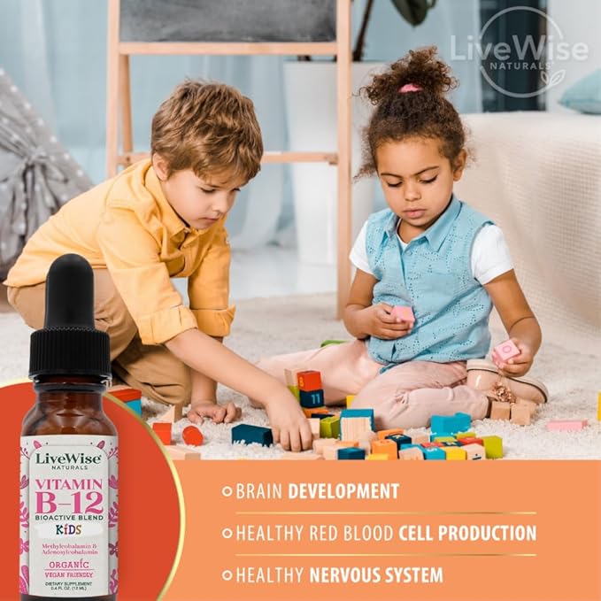 Vitamin B12 Liquid Drops for Kids | Toddlers and Children I Methycobalamin and Adenosylcobalamin | USDA Organic I Vegan | Non-GMO | Gluten Free | Low Dose
