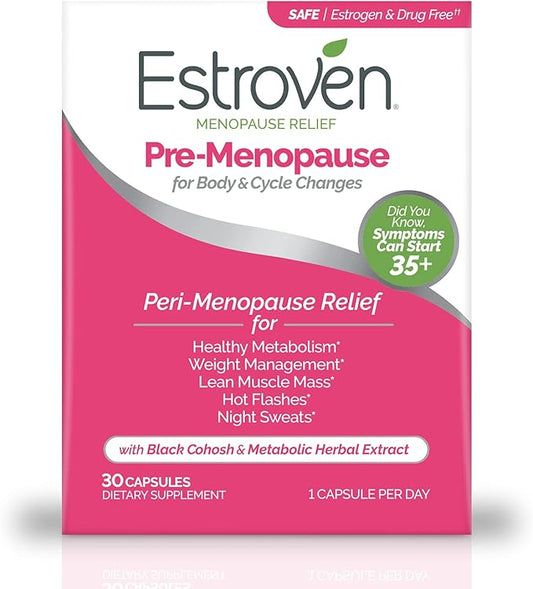 Estroven Pre-Menopause Relief, 30 Ct., Clinically Proven Ingredients, Provides Menopause Relief plus Night Sweats & Hot Flash Relief, Drug-Free or Estrogen Free