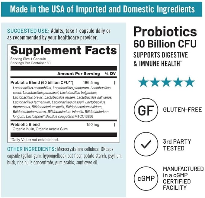 NatureWise Probiotics 60 Billion CFU - 17 Strains + Organic Prebiotics - Immune, Digestive & Gut Health Support for Women & Men - Vegetarian, Gluten-Free, Non-GMO - 60 Capsules[2-Month Supply]