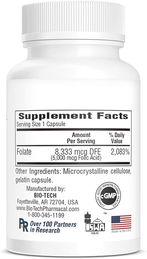 Folic Acid 5mg - BioTech Pharmacal - 100 Capsules - Pack of 2