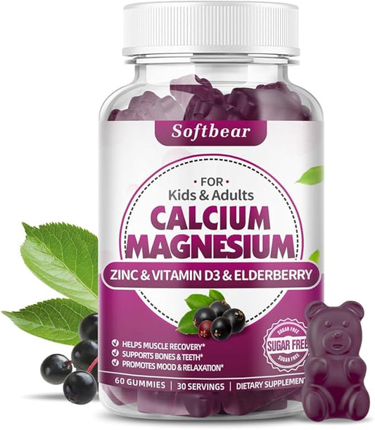 softbear Calcium Magnesium Zinc Gummies for Women, High Absorption Calcium Magnesium Supplement Chewable Calcium 600 mg for Bone Strength Vegan Elderberry Flavor 60 Gummies