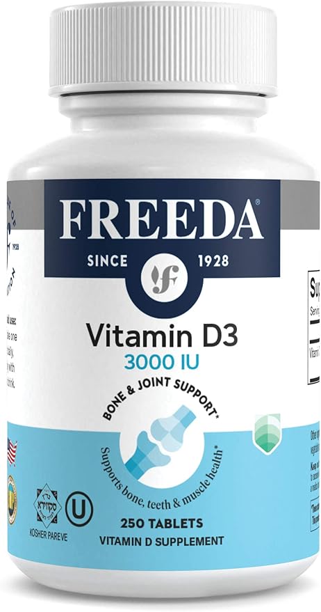 FREEDA Vitamin D3 3000 IU – High-Potency Vitamin D for Bone Strength & Immune Support – Easy-to-Swallow Tablets – 250 Tiny Tablets