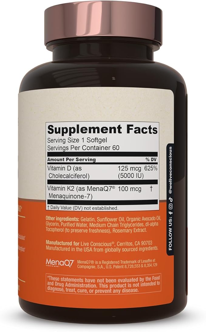 Live Conscious Vitamin K2 MK7 with D3 Supplement | Bone & Heart Health Support - Patented Vitamin K & Vitamin D3 5000 IU (2-Pack)