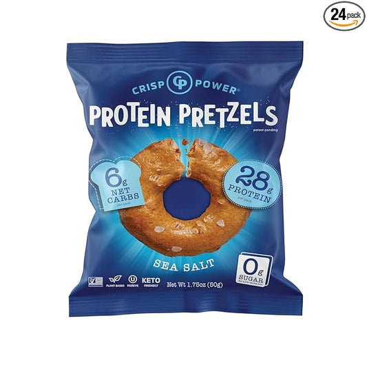 Crisp Power High Protein Pretzel Crisps - 6 Pack x 1.75 oz Crunchy & Flavorful Plant-Based Snack. No Sugar, 28g Protein Per Pack in 3 Savory Flavors, Vegan, Keto Friendly, Non-GMO, Kosher Non-Dairy (1.75 Ounce (Pack of 24), Sea Salt)