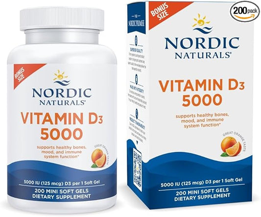 Nordic Naturals Vitamin D3 5000, Orange - 200 Mini Soft Gels - Support for Healthy Bones, Mood, & Immune System - Vegetarian - Non-GMO - 200 Servings