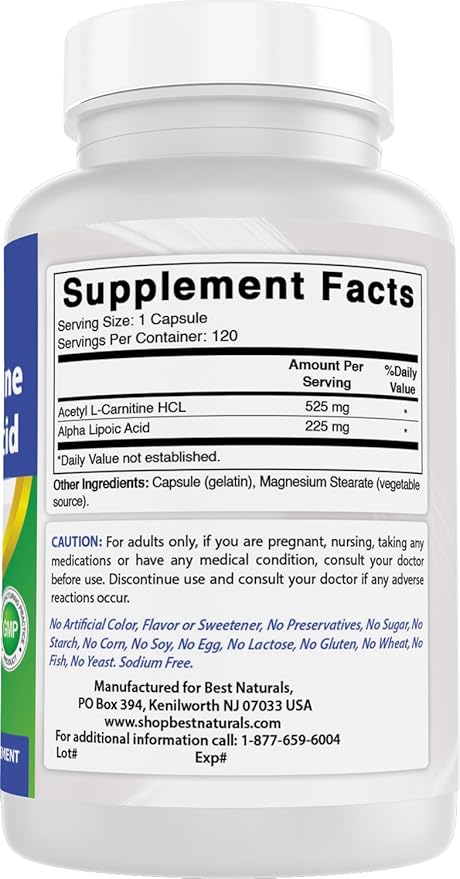 Best Naturals Acetyl L-Carnitine and Alpha Lipoic Acid 750 mg 120 Capsules (120 Count (Pack of 3))