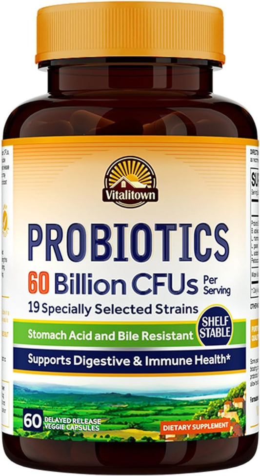 Vitalitown Probiotics + Prebiotics | 60 Billion CFUs 19 Strains | 60 Delayed Release Veg Caps | Shelf Stable, Prebiotics and Probiotics | Digestive Health, Immune Health | Vegan, Non-GMO, No Dairy
